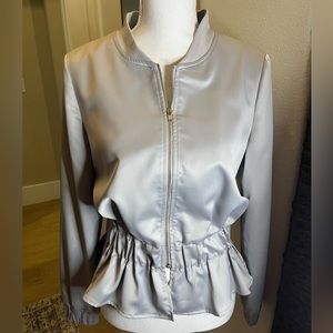 Sugar lips peplum satin jacket- silver/light grey- size XS